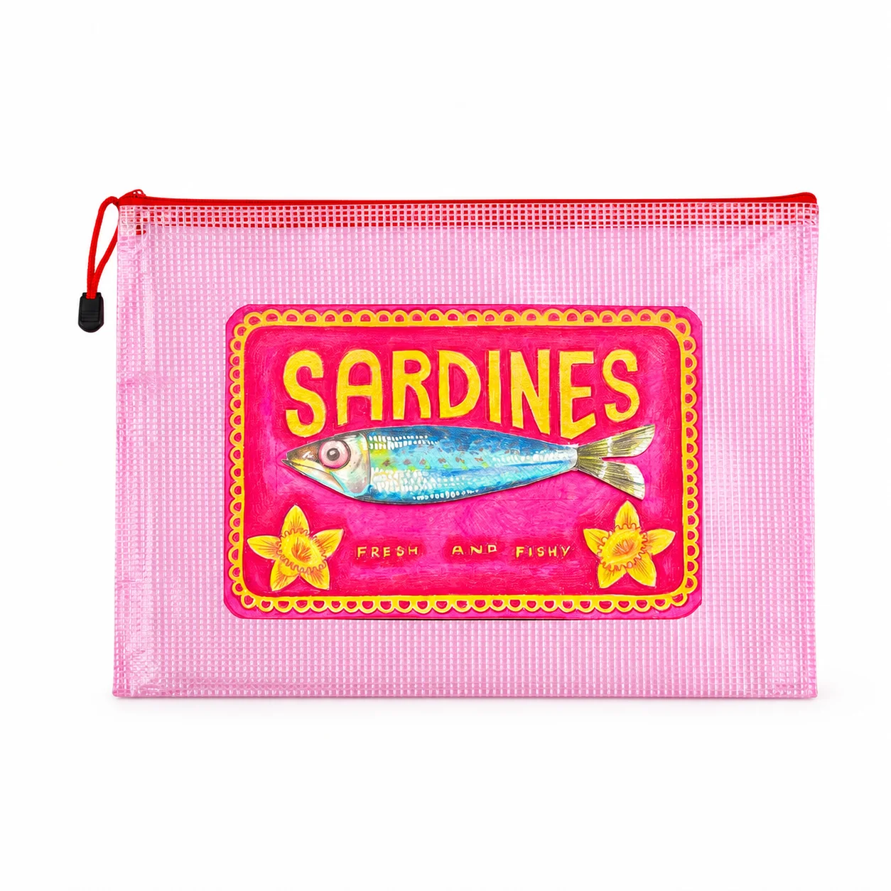 Retro Sardine Print Mesh Zipper Pouch, Waterproof Travel Cosmetic Bag for Women, Beach Toiletry & Cable Organizer