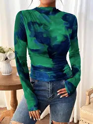 2024 New Design Women's T-shirt Semi Transparent Long sleeved Small Standing Neck Slim Fit and Versatile T-shirt Green