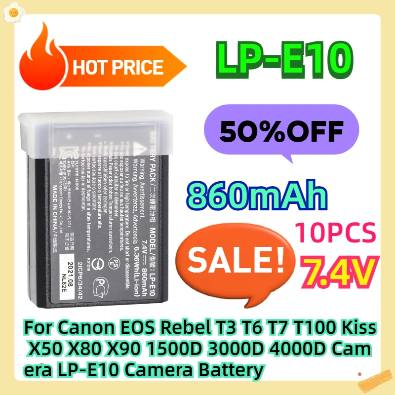 

For Canon EOS Rebel T3 T6 T7 T100 Kiss X50 X80 X90 1500D 3000D 4000D Camera LP-E10 Camera Battery 10PCS