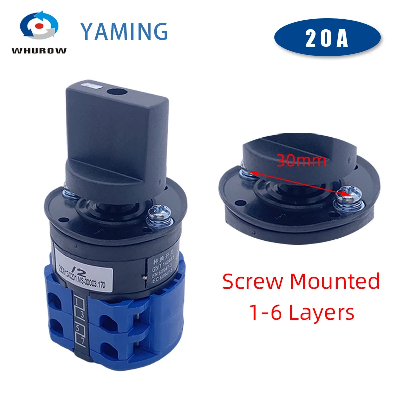 

20А Кулачковый переключатель Винтовой монтажный тип Трехпозиции 1-6 слоев Серебряный контактный переключатель Поворотный селектор LW26-20 LW28 YMW26