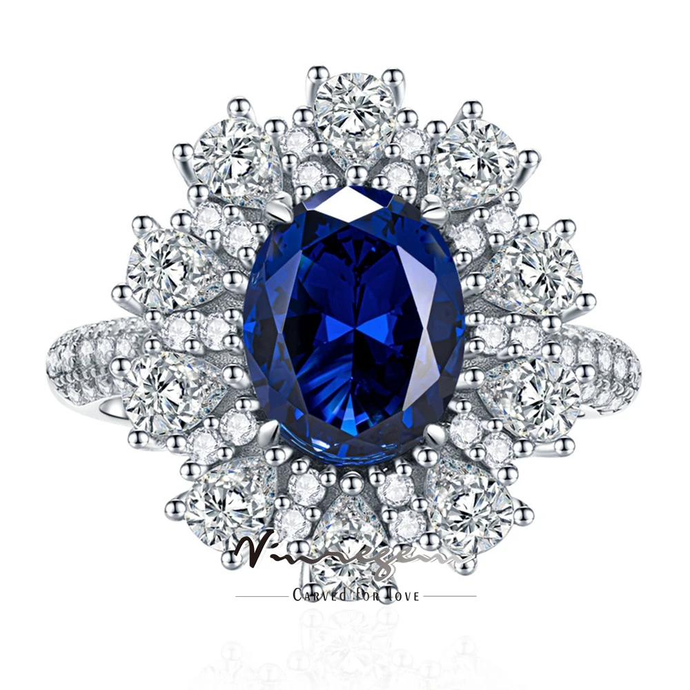 

Vinregem 3CT Oval Cut Sapphire High Carbon Diamond Gemstone Flower Ring For Women 925 Sterling Silver Wedding Engagement Jewelry