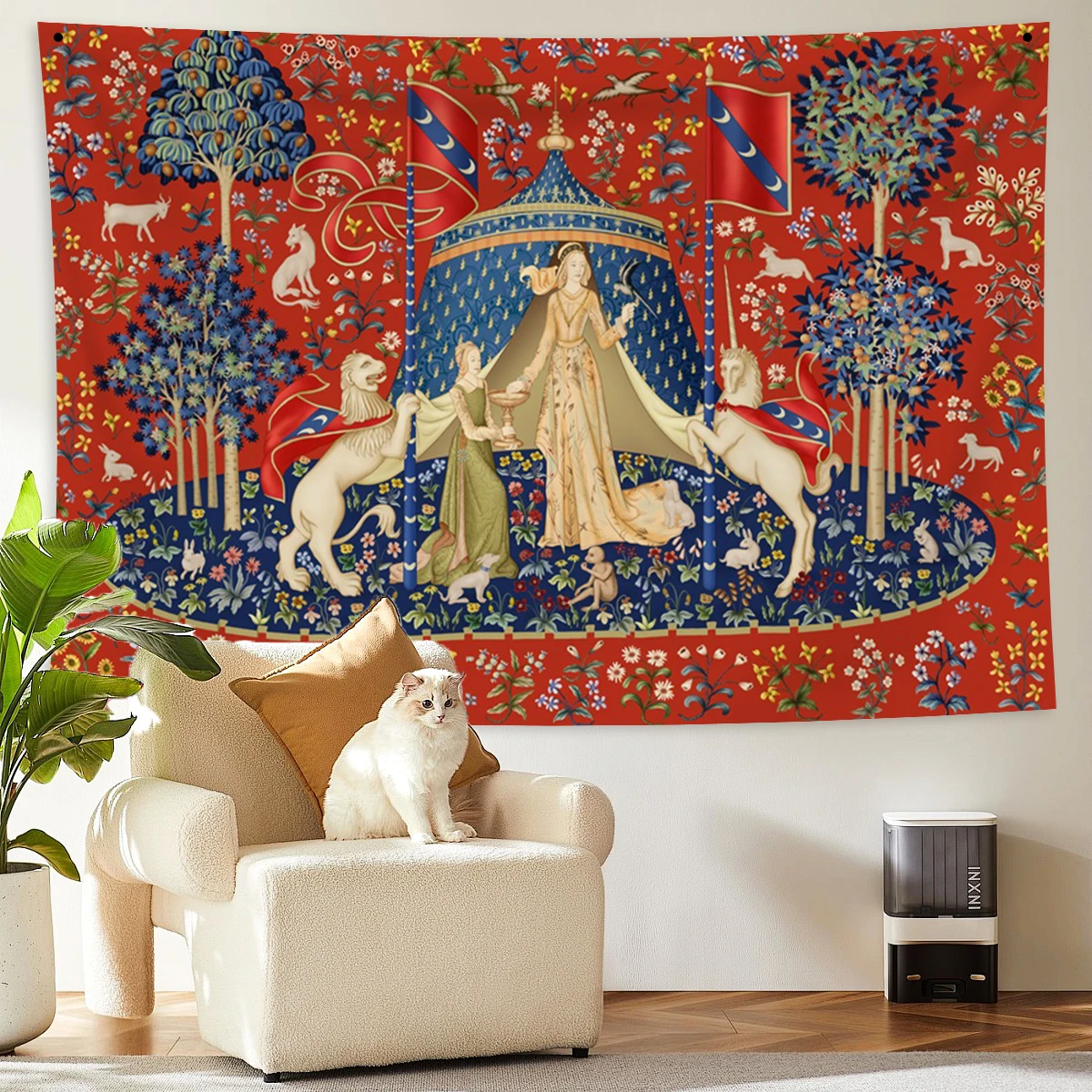 

Medieval Vintage Tapestry Lady and Unicorn Euro Flower Red Print Room Decor Large Wall Tapestry Bedroom Backdrop Fabric Blanket