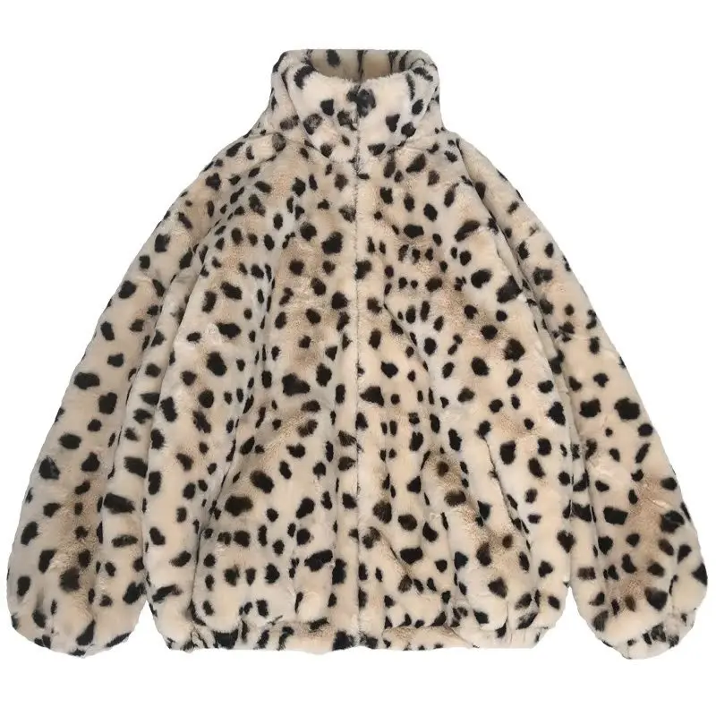 Leopard Faux Fur Mid Length Coats Women Jackets Print Coat Thick Warm Loose Furry Y2k Loose Jacket Outerwear Autumn Winter