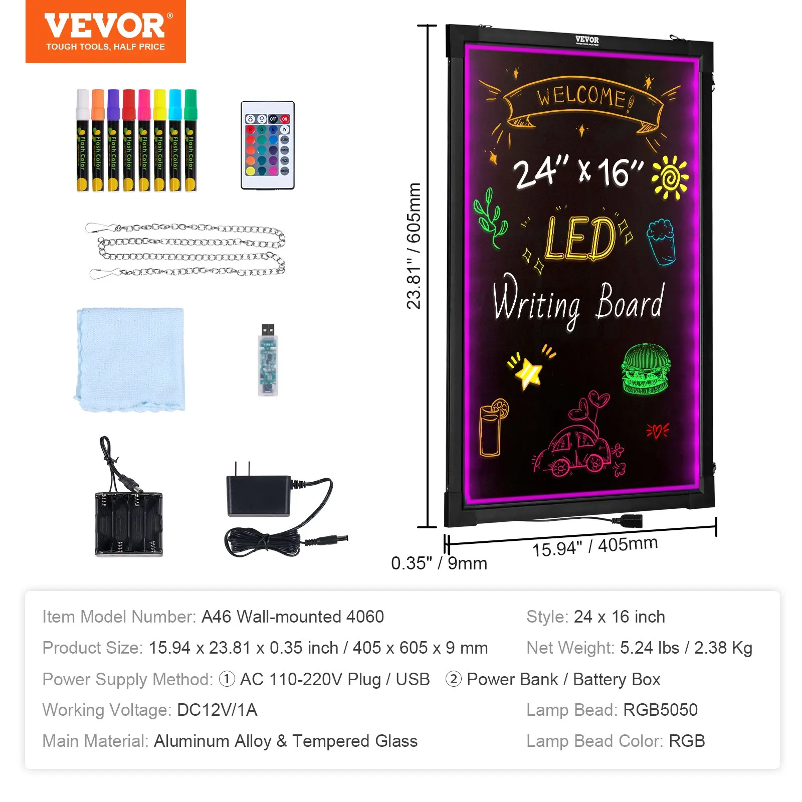 LED Message Writing Board, Illuminated Erasable Lighted Chalkboard, Neon Effect Menu Sign Board, Board With 8 Fluorescent