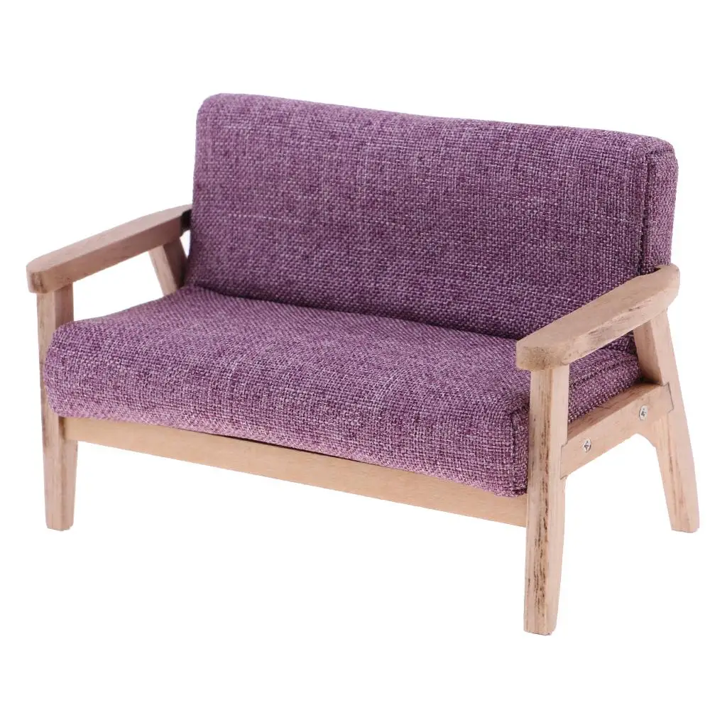 Wooden Dollhouse Double Sofa Couch 1/12 Scale Modern Furniture Mini Accessories for Dolls House Living Room Decor