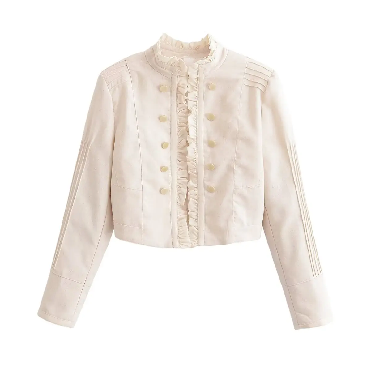 Women Vintage Double Breasted Jacket 2026 Spring Stand Collar Long Sleeve Short Solid Coat Street Casual Outerwear