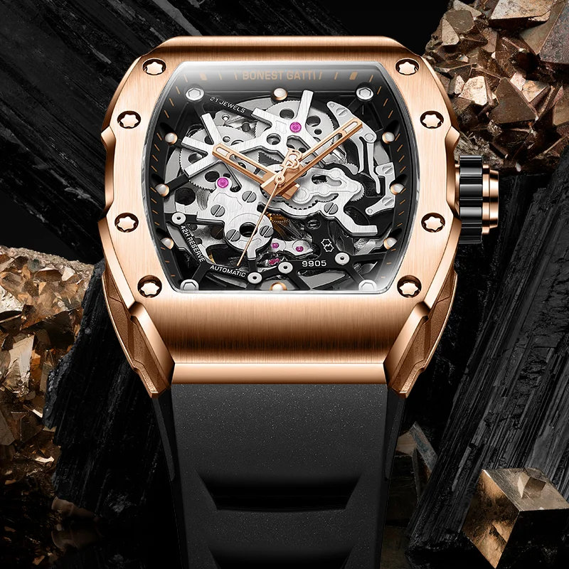 BONEST GATTI Germany Automatic Mechanical Watch Tonneau-shaped Luminous Men's Wristwatch 40mm Waterproof Skeleton Stainless