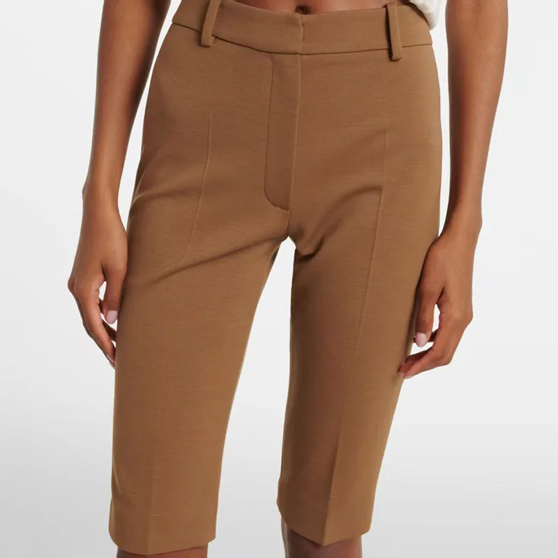 High Waist Solid Color Bermuda Shorts Women Elegant Office Wear Slim Knee Length Suit Mid Pants Daily Streetwear