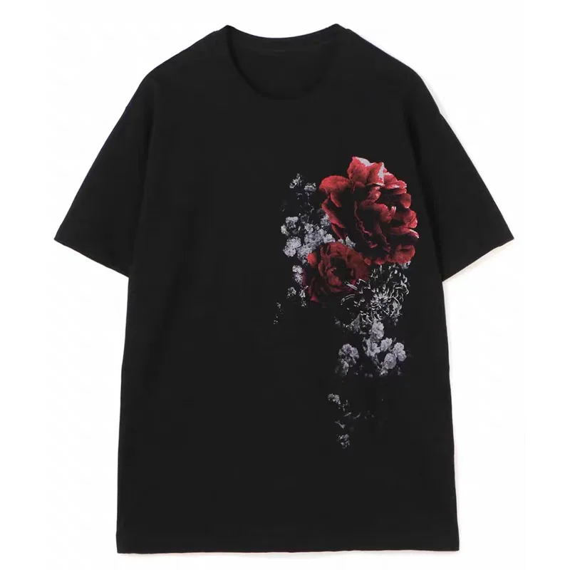 YAMAMOTO-Style T-shirt ,HighQuality Dark Theme"Red Forest Flowers"" Pattern Printed,100% Cotton Loose Short-Sleeved" — купить у AliExpress WW