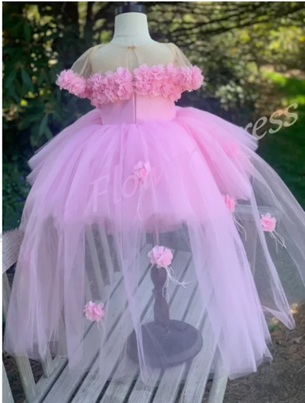 Pink Flower Girl Dress Princess Off Shoulder High Low Tulle Appliques Princess Dresses For Girls Birthday Party Gowns Customized