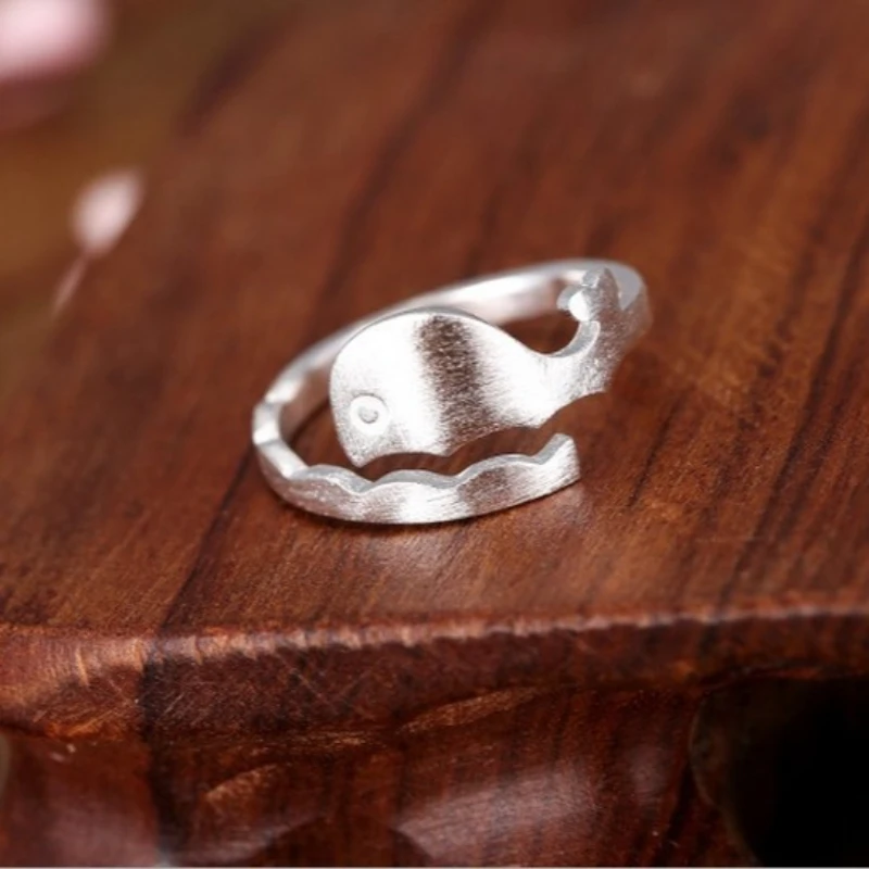 

925 Silver Cute Wave Shaped Whale Ring Korean Version Fashionable Simple Brushed Jewelry Gift Elegant Finger Ring for Women