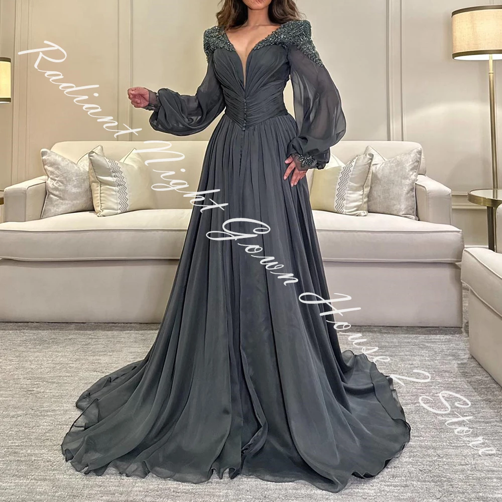 Customized Chiffon A-Line Crystal V-Neck Evening Dress Floor Length Long Sleeves Panel Train Photo Color Modern Prom Gowns