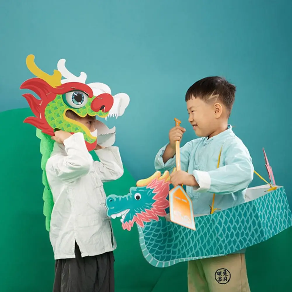Simple Paper Chinese Dragon Head Mask 3D Traditional Dragon Boat Racing Toy DIY Handmade Dragon Dance Craft Kit New Year Decor