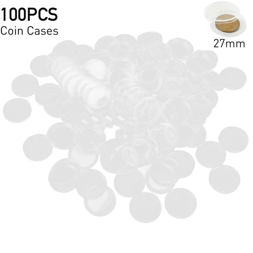 100Pcs 27Mm Plastic Box Transparent Compact Coin Round Case for Safe Capsule Storage Easy Open Close Portable Organizer