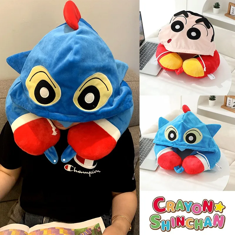 

Crayon Shin-chan Cartoon U Shape Pillow with Hooded Portable Travel Office Aircraft Neck Pillow Cute Shading Nap Comfort Pillows