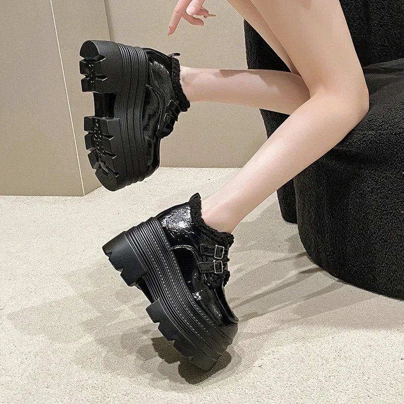 Women's Leather Platform Sneakers Autumn Winter Warm Plush Buckle Snow Shoes Thick Sole 10CM Heels Cotton Shoes Zapatos Mujer