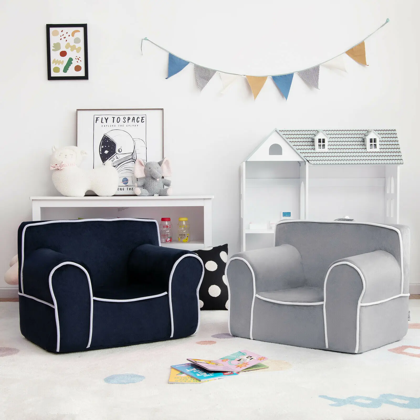 Fauteuil rempli de mousse pour enfants, canapé avec tissu velours, cadeau parfait pour bébé, gris HV10047GR