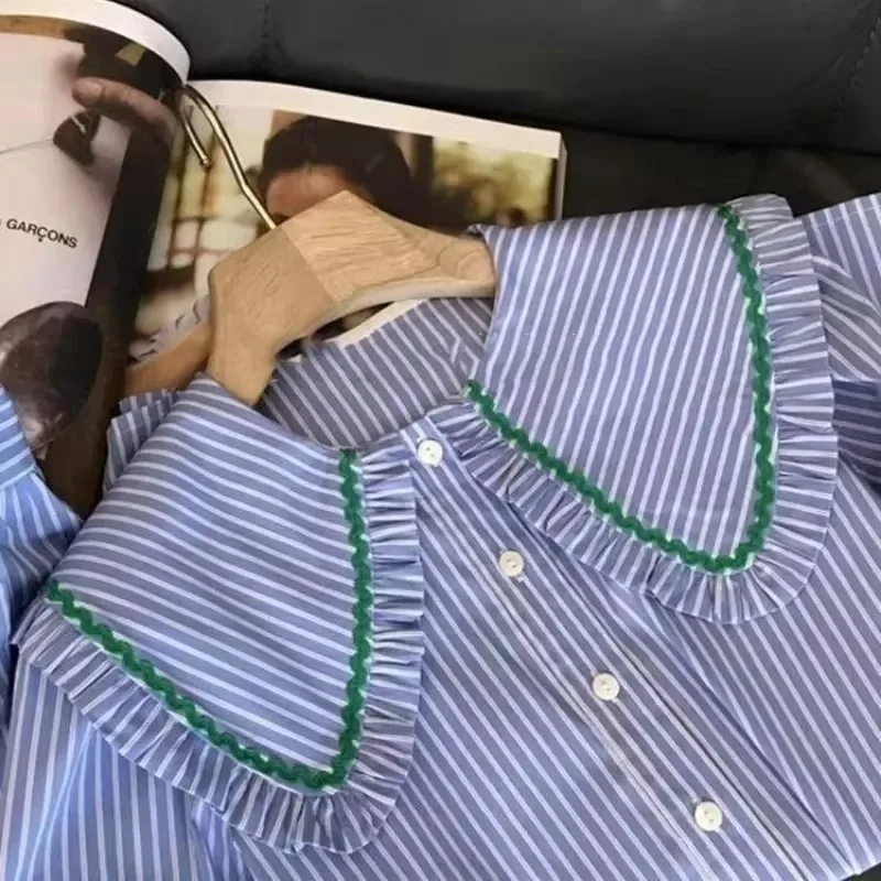 2025 new spring casual Korean style peter pan collar striped blouse women\'s single breasted loose fit chic long sleeve shirts
