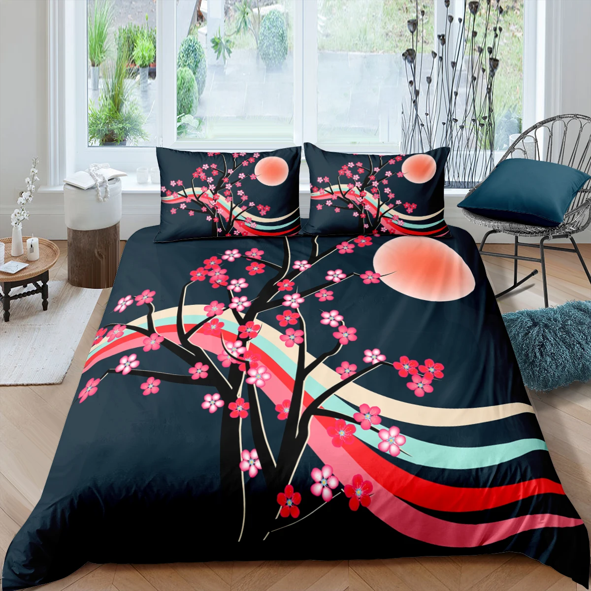 3D Japan Sakura Bedding Set Flower Mountain Duvet Cover with Pillowcase for Kids Adults King Queen Size Polyester Bedding Set