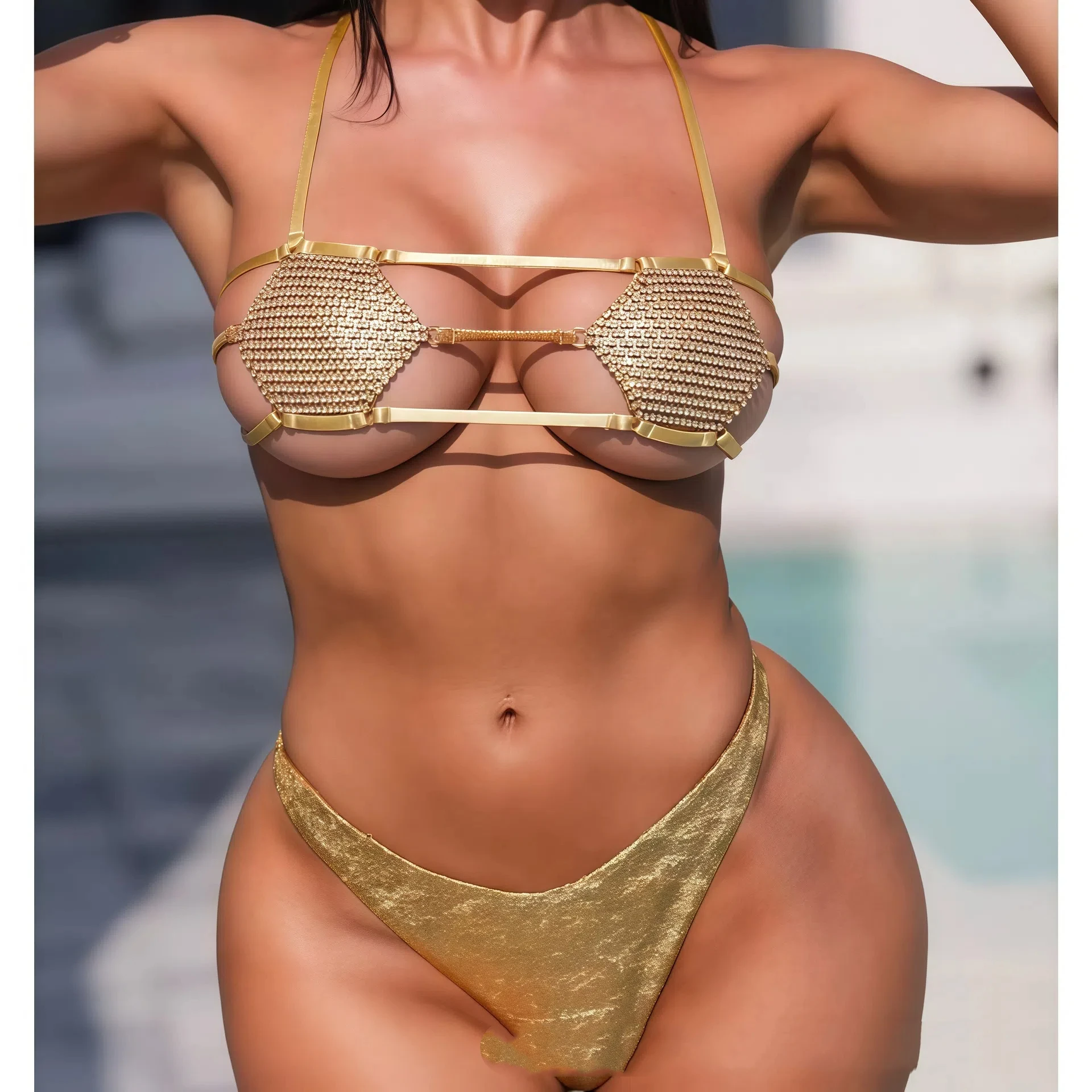 2025 Summer Sexy Rhinestone Micro Bikini Set Women's Glitter Triangle Two Piece Swimwear Beach Bathing Suit Vacation Two pieces