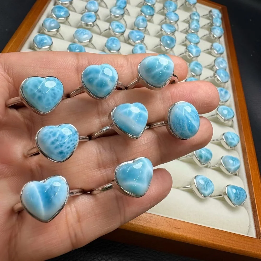 Natural Larimar Heart Ring for Women Trendy Gemstone Finger Charm Fashion Healing Jewelry Perfect Party Gift