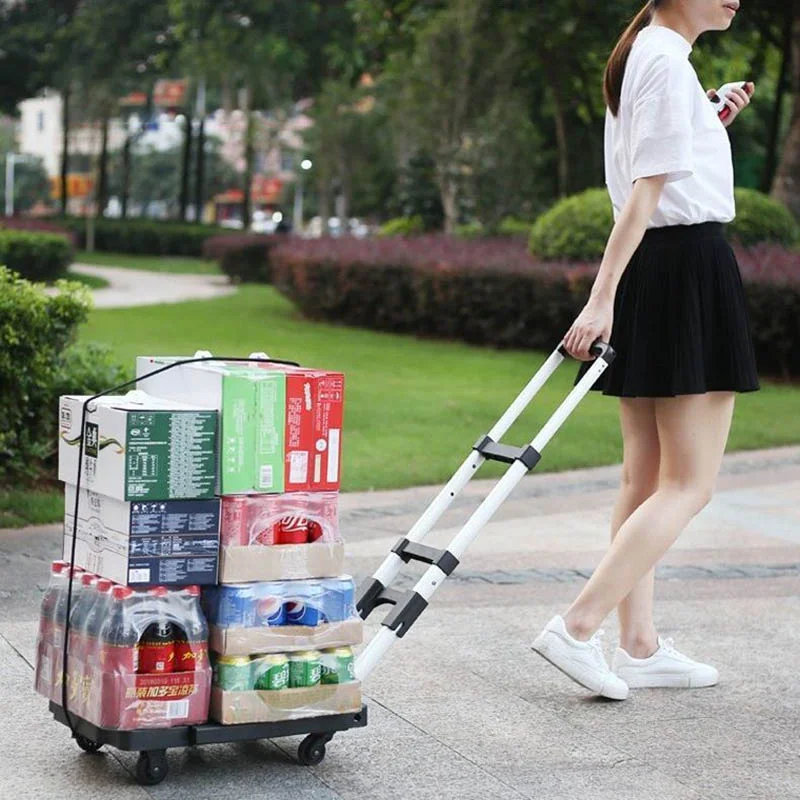 Portable Folding Collapsible Aluminum Cart Dolly Pull Truck Carring Trolley Black Tool Cart Storage with 4 Wheels Luggage Cart