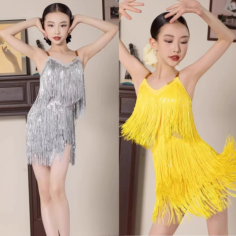 

2025 Children's Girl Latin Jazz Dance Dress Performance Clothes Slim Strap Self-Tie Backless Shiny Sequins Tassel Dress