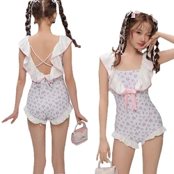 Sweet Girls Lolita One-piece Backless Swimsuit Women French Elegant Retro Floral Sweet Bow Ruffle Edge Sleeveless Swimwear