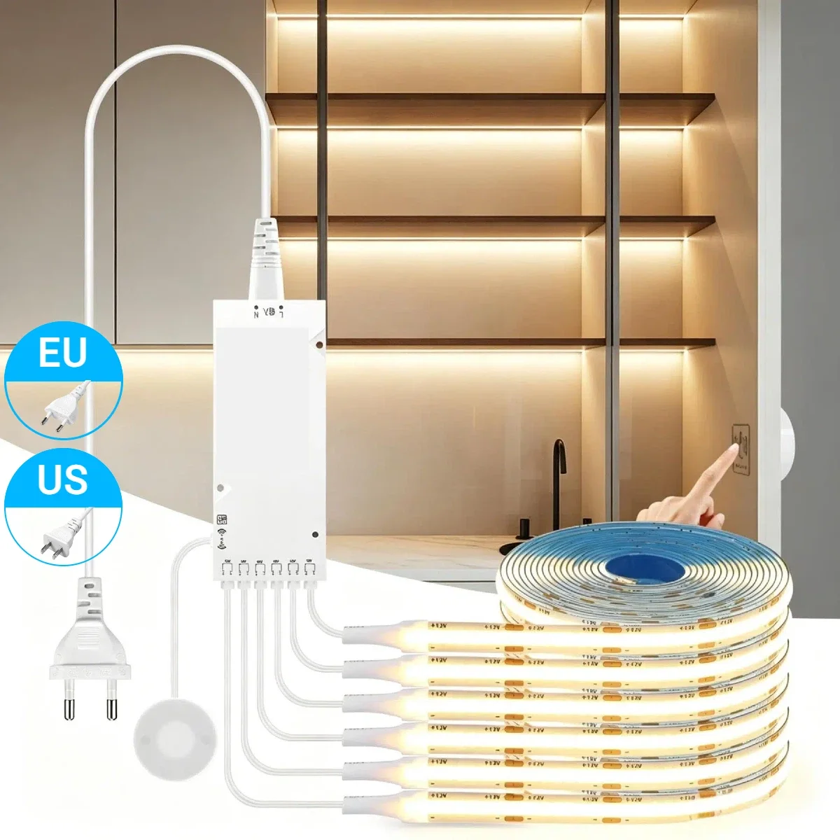 Dimmable LED Cabinet Light Strips Kit With 20MM Board Penetrating Touch & Hand Sweep Sensor Switch, 2-6PCS Linkable, For Cabinet