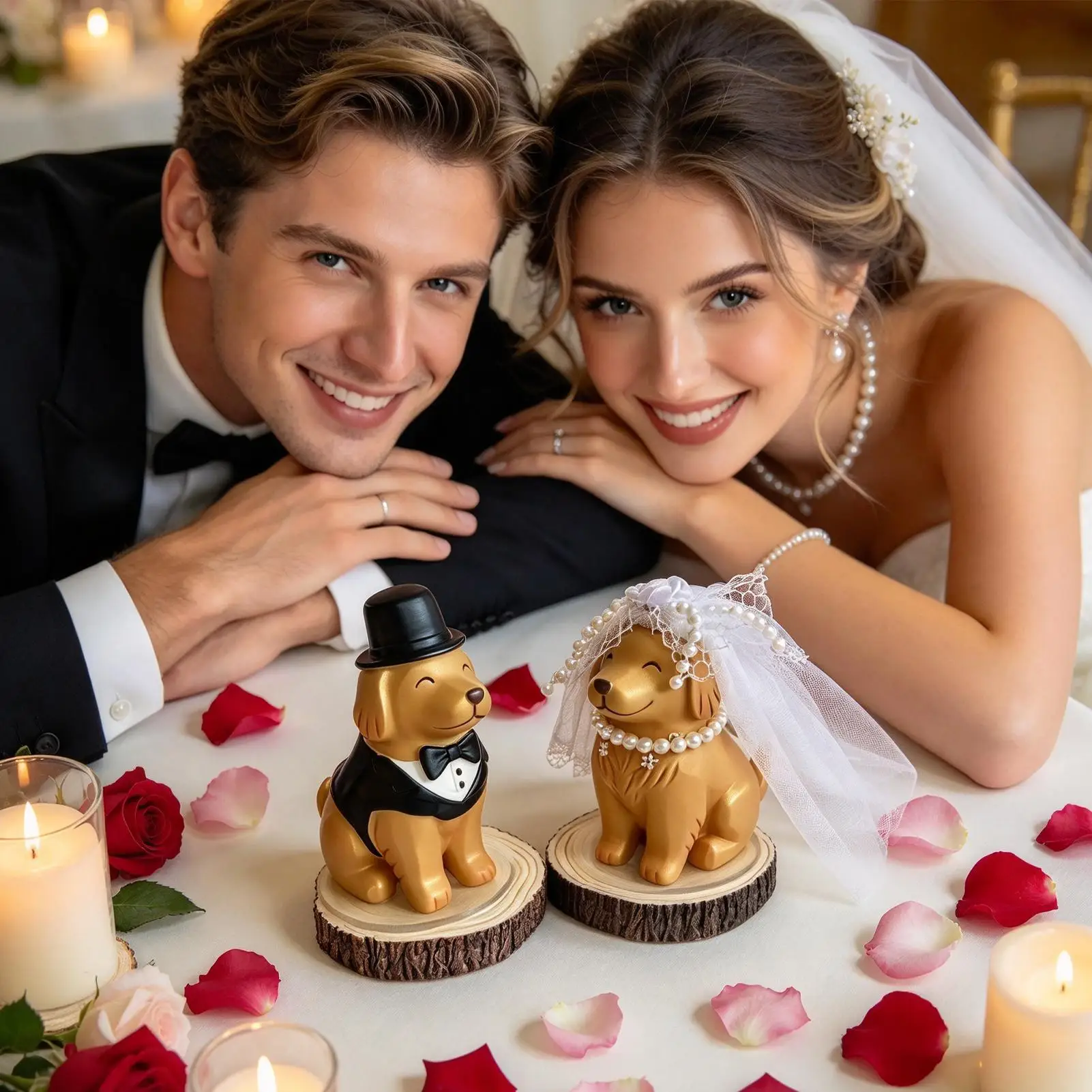 Bride And Groom Dog Cake Topper 2 Pieces Resin Animal Decoration Couple Dog Desk Ornaments With Veil And Hat For Wedding