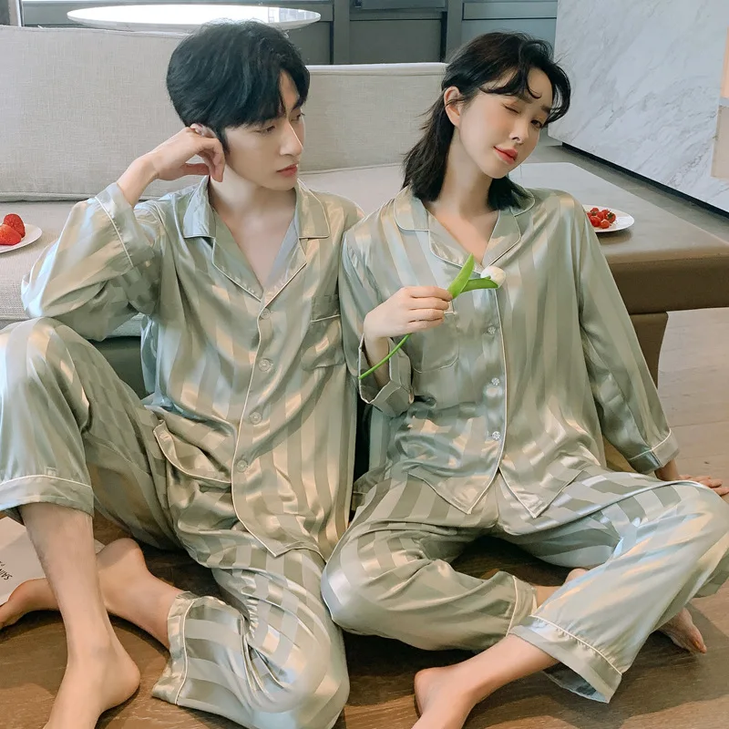 Women Pajama Set Silk Couple Pajamas Lapel Pyjamas Ice Silk Pijama pjs Sleepwear Long Sleeve Shirt Pants Homewear Loungewear