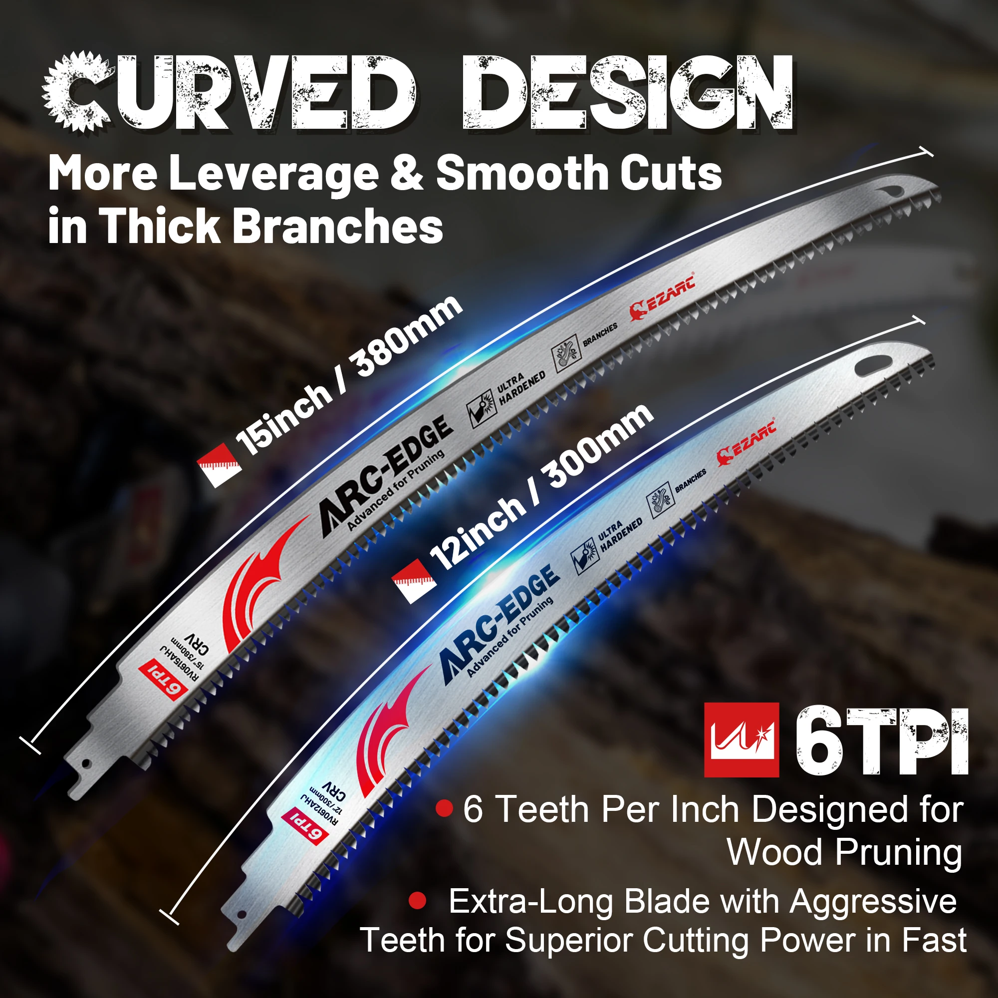 EZARC 12‘’ 15‘’ Wood Pruning Reciprocating Saw Blades 6TPI Arc Edge Japanese Teeth Saw Blades 5PC CR-V Up to 3x Life