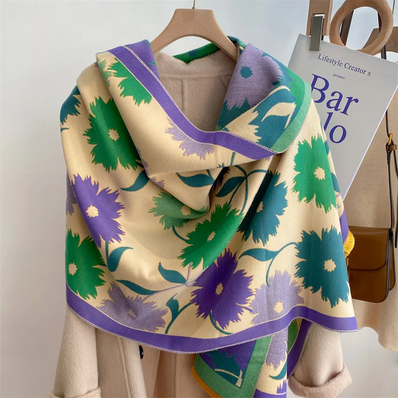 

2022autumn and Winter New Artificial Cashmere Scarf Women's Sunflower Pattern Warm Thickened All-Matching Long Shawl Scarf