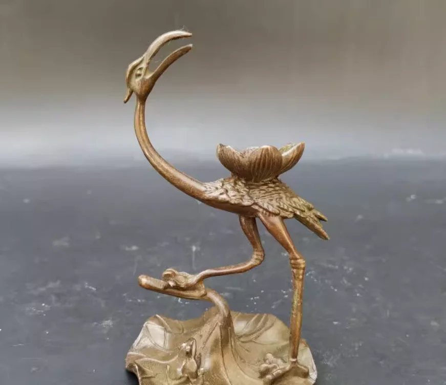 

Antique copper lotus leaf frog crane pedestal tabletop ornament