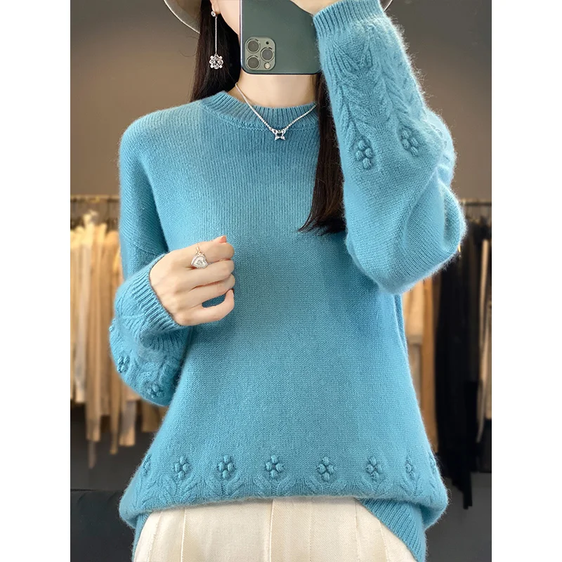 

Round neck solid color women's new pullover loose and atmospheric autumn and winter Blouse cuffs and hem bubble flower top