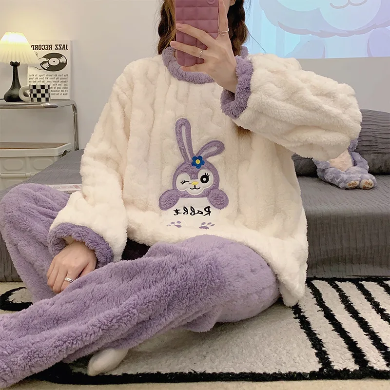 

Autumn and Winter Pajamas Ladies Flannel Homewear 2023 Round Neck Long Sleeve Warm Lovely Embroidered Rabbit Can Be Worn Outside