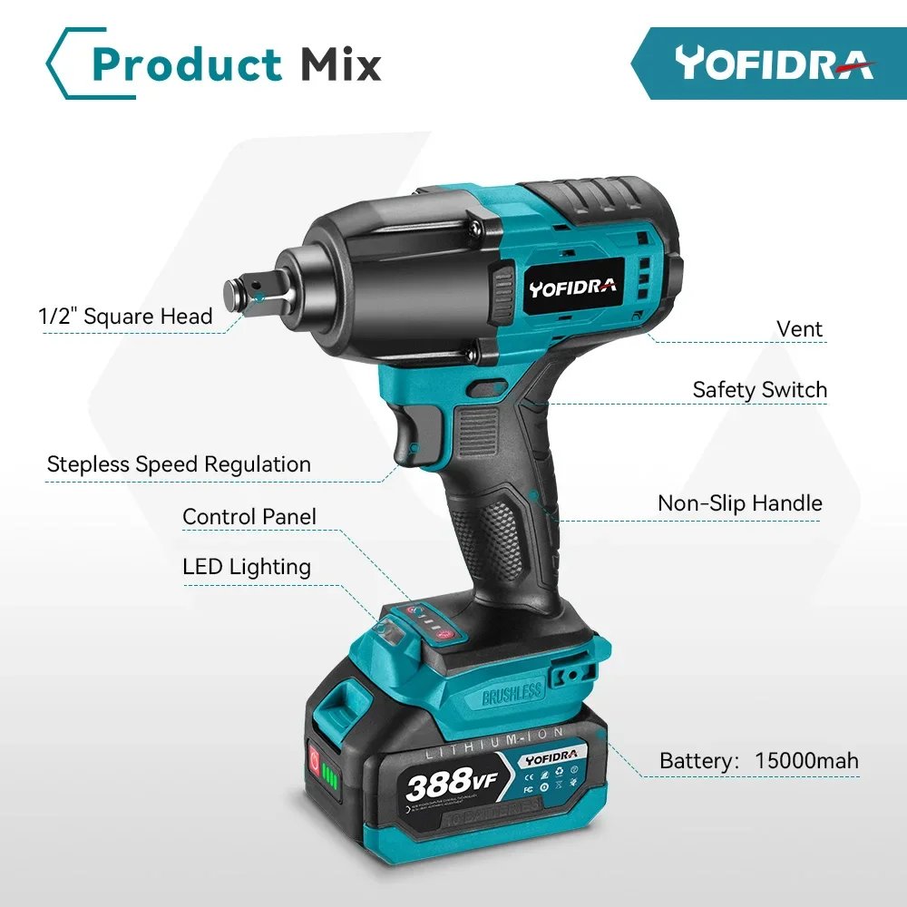 Yofidra 1200N.m High Torque Electric Impact Wrench 1/2 inch Cordless Car Wheel Wrench Driver Power Tools For Makita 18V Battery