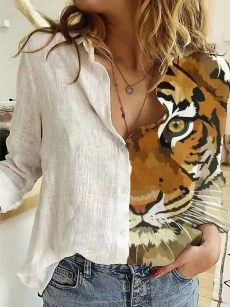 Autumn Blouse Women Fashion Tiger Print Shirt Casual  Loose Lapel Button Long Sleeve Office Lady Blouse Streetwear Tops