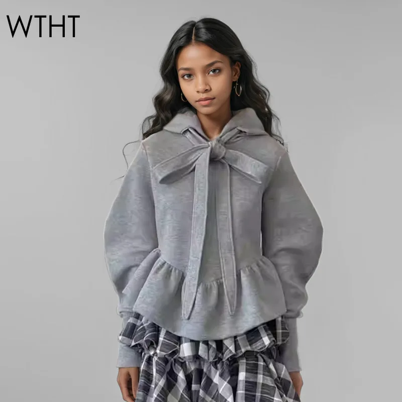 WTHT New Fashion Women's Bandage Bows Design Knit Short Sweatshirt 2024 Winter Hooded Long Sleeves Hoodies Female 1LS528