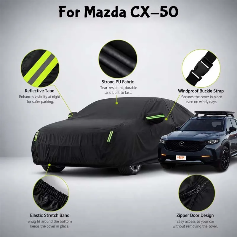 For Mazda CX-50 Waterproof Full Car Cover Side Door Zipper Reflective Strips Windproof Buckle All-Weather Protection