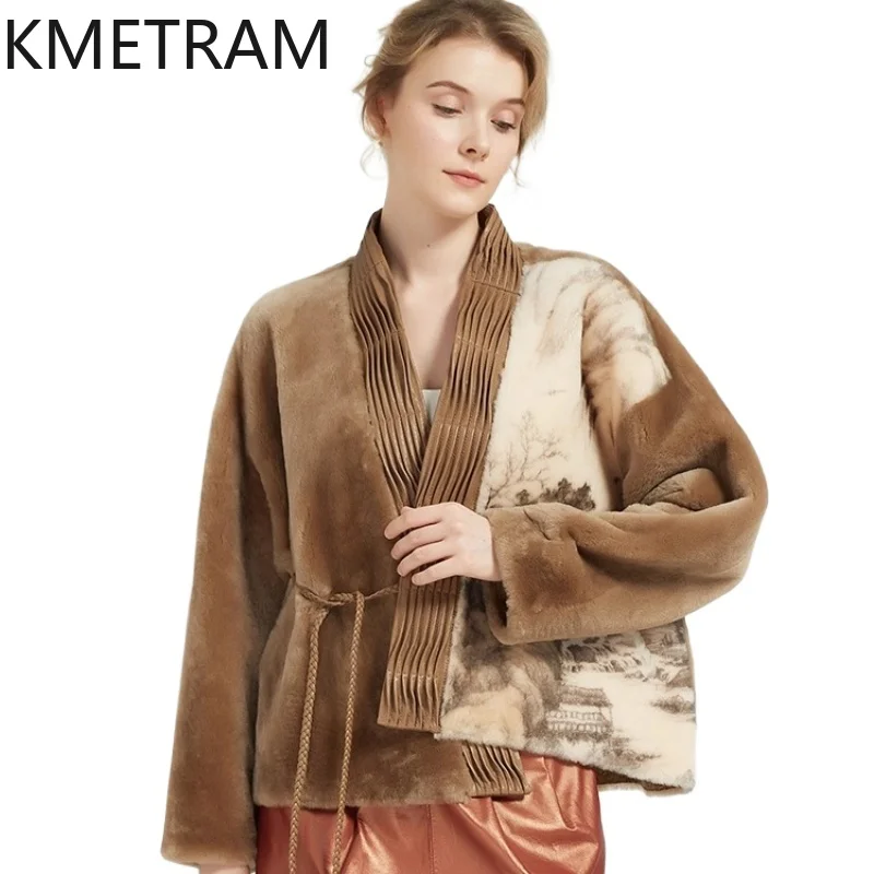

KMETRAM Natural Sheepskin with Wool Atttached Real Fur Coat Printing Woman Clothing Camel Short Jacket 2025 Winter шуба женская