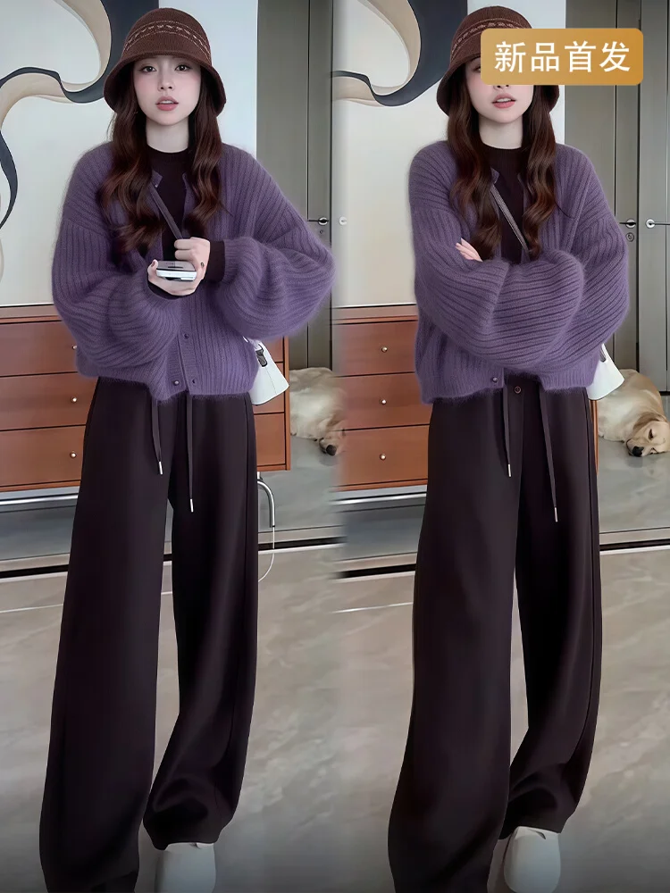 

Женский осенне-зимний новый универсальный фиолетовый вязаный свитер с круглым вырезом 2021, куртка и спортивные штаны, комплект из двух предметов