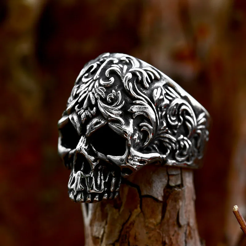 BEIER Stainless Steel Man\'s Punk Style Jewelry Wholesale Classic Garden Flower Skull Ring For Man BR8-1174