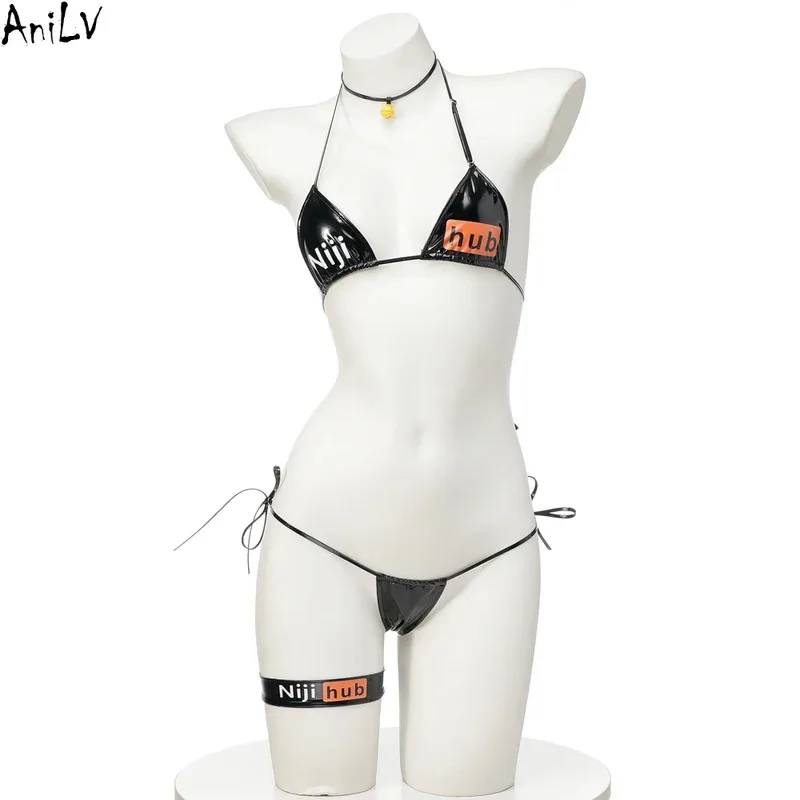 

AniLV Anime Niji Bikini Swimsuit Cosplay Women Patent Leather Underwear Set Costume