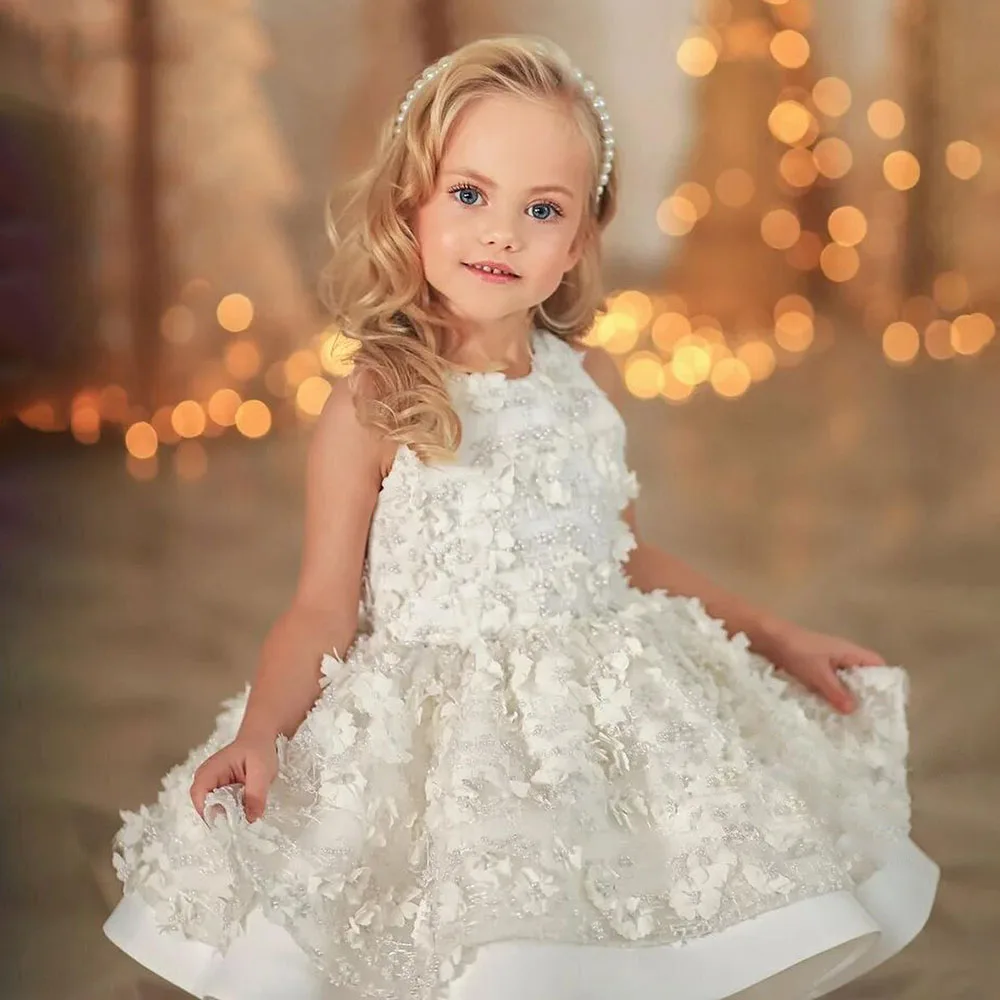 

Lace Ivory Flower Girl Dresses For Wedding Applique Tulle Puffy Kid Birthday Princess Child Dress First Communion Ball Gowns