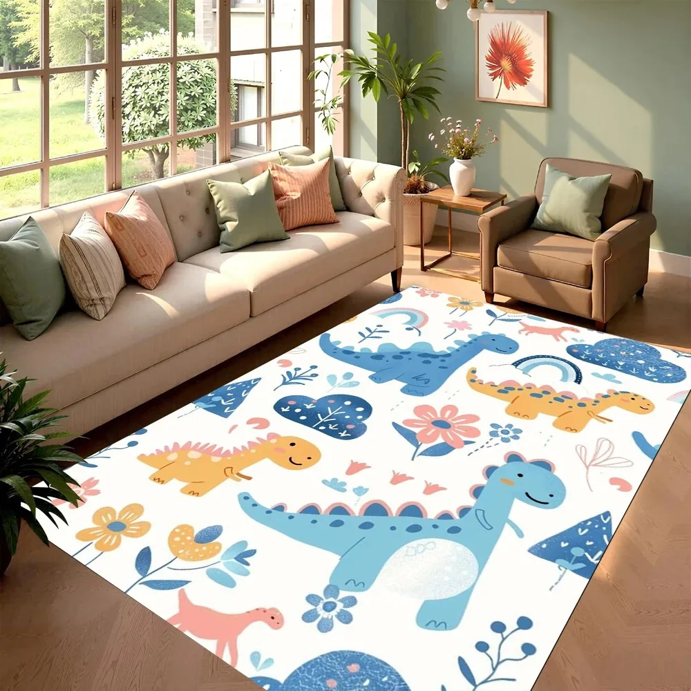 Cute Playful Cartoon Dinosaur Theme Kids Decor Rug for Room Playroom Living Room Home Decor Soft Non Slip Durable