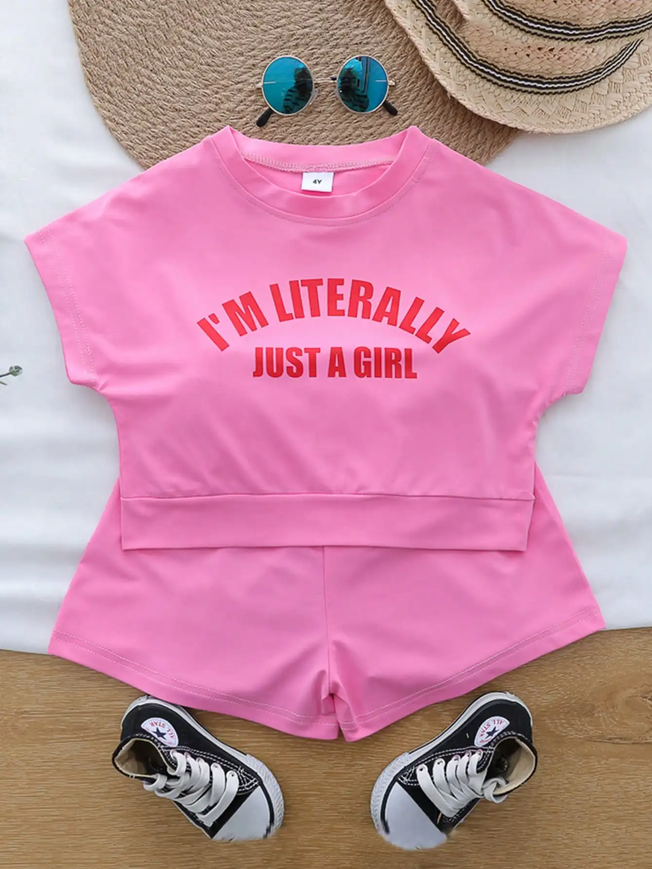 Girls' summer alphabet-printed batwing sleeve short-sleeved shorts set
