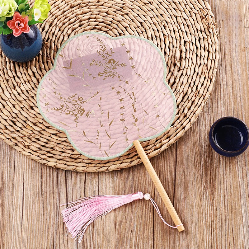 Abanico de madera de haya con mango largo, translúcido de seda, abanico circular de madera de haya, accesorios chinos para fotos y bodas