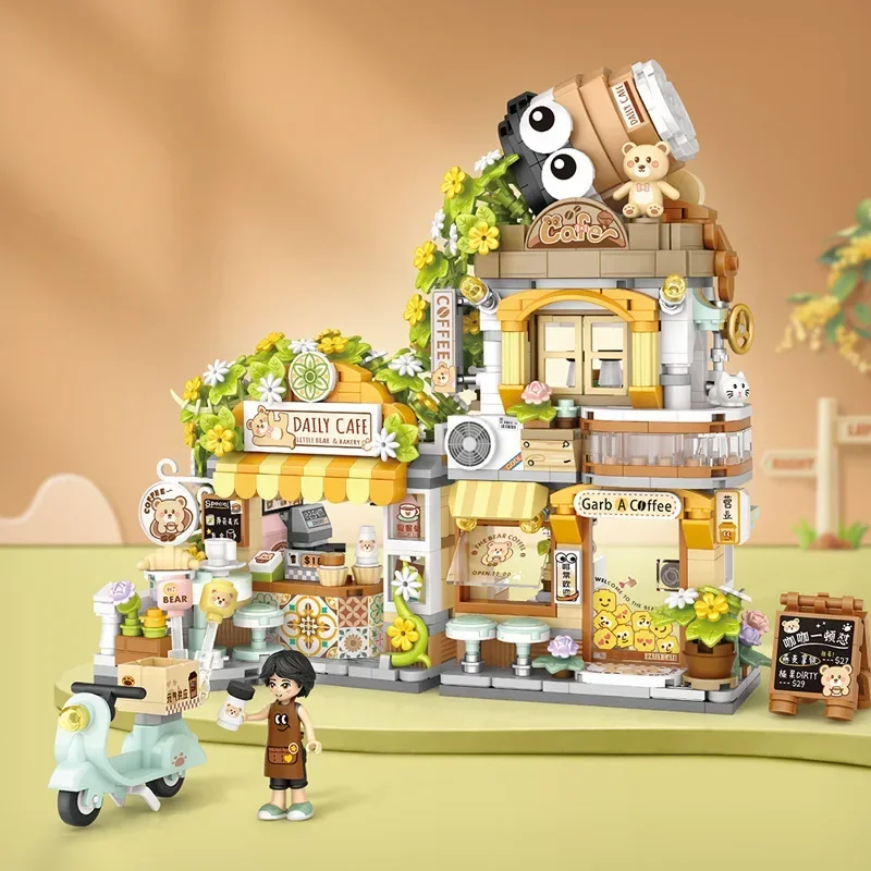 LOZ Creatieve Koffieshop Bouwsteen Sets Stad Street View DIY China Panda Theehuis Model Bricks Speelgoed Voor Kinderen Meisjes Geschenken