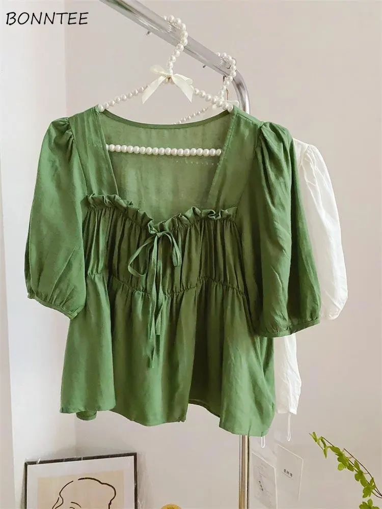 Sweet Blouses Women Summer Folds Designed Vintage Office Lady Leisure Baggy All-match Literary Chic Popular French Style